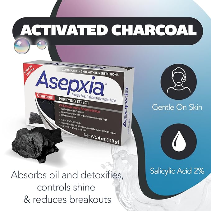 Asepxia Salicylic Acid & Activated Charcoal Bar Soap | Acne Treatment, Reduces Pimples & Blemishes, Deep Cleansing Facial Cleanser, Dries Out Acne, Prevents Breakouts, Face wash, 4 Oz, 5-Pack