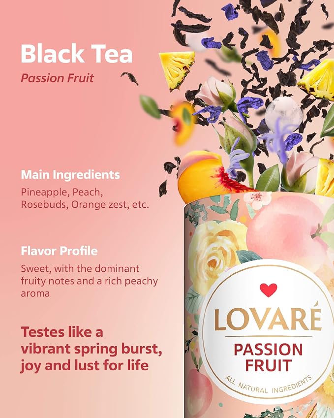 LOVARE Loose Leaf Tea 80 g - Made in Ukraine - Assorted Tea - 1001 Night, Passion Fruit, Sparkling Splashes, Bahamian Soursop - Gift Box with 60 Paper Filters – Easy to Brew Flavored tea (Set of 4)