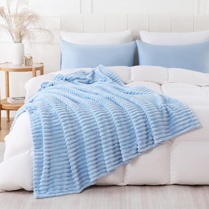 Light Blue Throw Blanket for Couch Sofa 108x90 inches Striped Design | Fleece Blankets Room Home Decor Lightweight Plush Soft Cozy Gifts for Women Mom