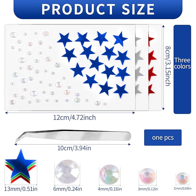 4th July Star Face Stickers Gems for Makeup, 3 Sheets Red Silver and Blue Face Glitter Rhinestone jewels, Self Adhesive Face Eye Nail Body Gems Stick on for Patriotic Rave Festival Accessories