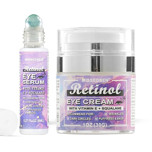 Eye Cream & Roller Serum Set with Retinol,Vitamin E,Squalane, Hyaluronic Acid for Dark Circles, Eye Bags & Fine Lines Under Eyes, Brighten Under Eyes,1OZ&0.27OZ