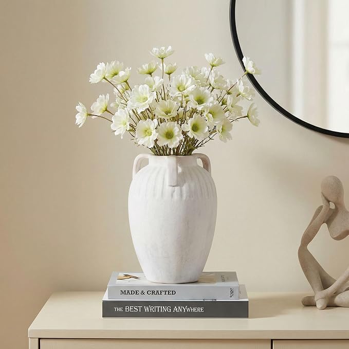 Ceramic Flower Vase with Handles, 8.86 inch Tall Ceramic Vase Home Decor Vintage Terracotta Rustic Vase for Bouquet Pottery Barn Decor Large Vases for Living Room Bathroom Modern Farmhouse, White