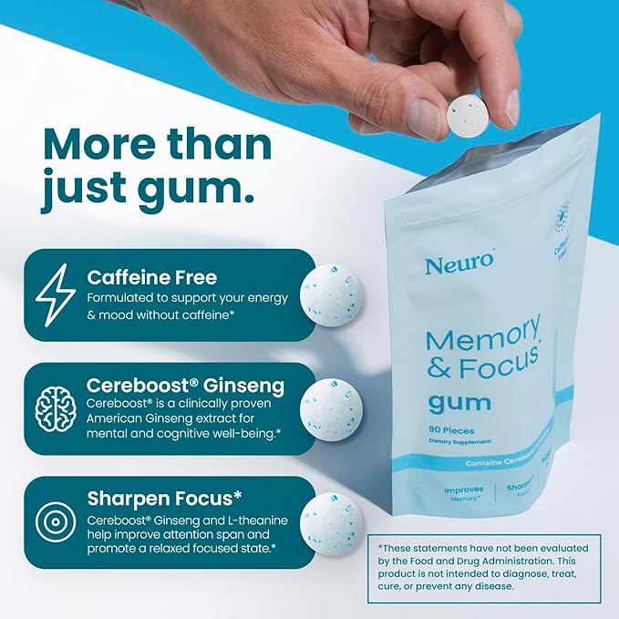 Neuro Focus Set – 90 Count Each (Peppermint) – Sugar Free Nootropic Chewing Gums with Natural Caffeine, L-Theanine, B-Vitamins & Ginseng for Energy, Alertness & Clarity