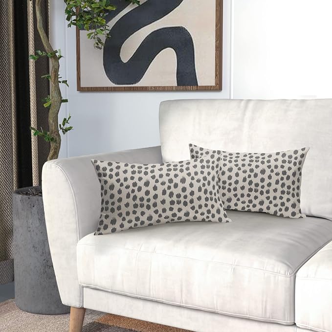 Grey Gray Cream Pillow Covers 12x20 Set of 2 Boho Design Polka Dot Throw Pillows Modern Brush Strokes Print Decorative Outdoor Pillowcase Lumbar Cushion Cover Linen Pillow Case for Home Sofa Couch Bed