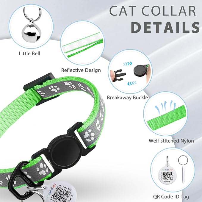 Breakaway Reflective Cat Collar with QR Name Tag & Bell (Light Green)