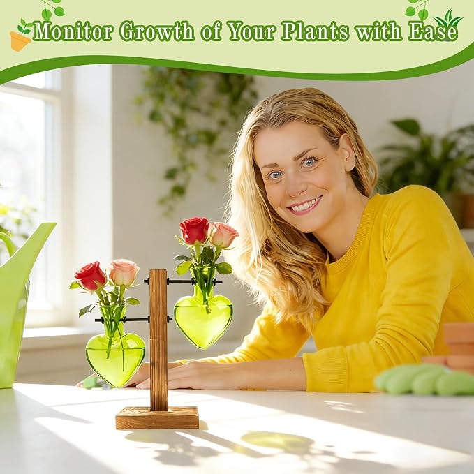 XXXFLOWER Plant Propagation Station Terrarium 2 Green Heart Shaped Vase | Terrarium Kit Bulb Glass Metal Desk Plant Holder, Retro Air Plants Water Plants, Home Office Decoration