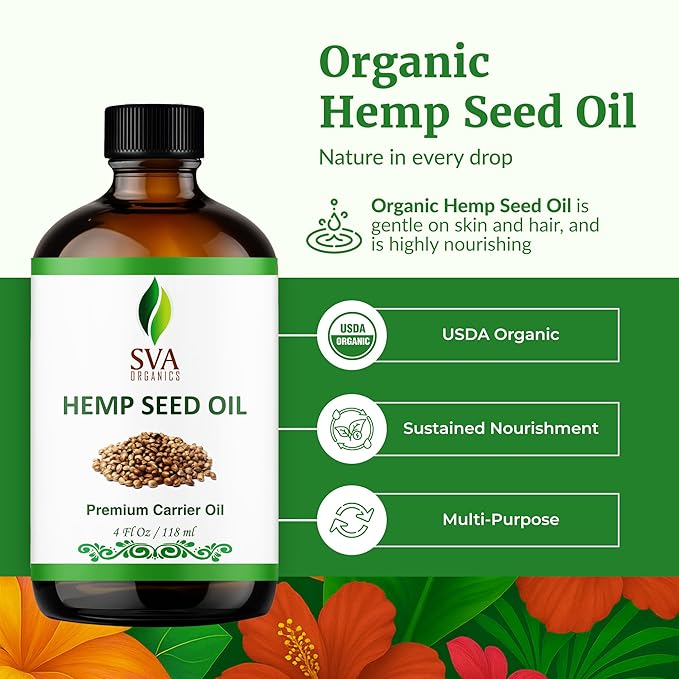 SVA ORGANICS Hemp Seed Oil Cold Pressed 4oz (118 ml) Premium Carrier Oil With Dropper For Skin Care, Hair Care, Scalp Massage, Body Massage, Hair Products, Cosmetics & Soap