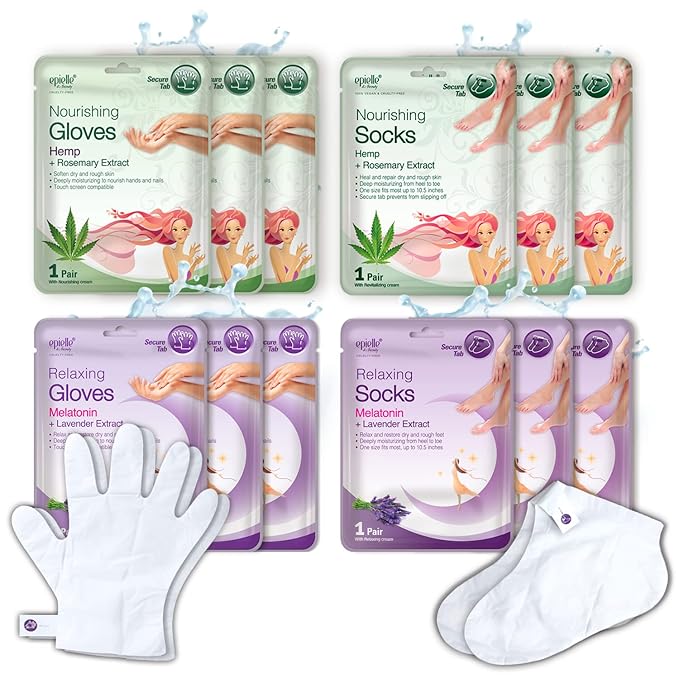 Epielle Relaxing & Nourishing Hand & Foot Masks, Repair and Soften Dry, Overworked Skin, Self Care Gifts for Women, Spa Kit, Stocking Stuffers, 6 Moisturizing Gloves & 6 Moisturizing Socks