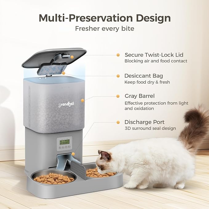6L Automatic Cat Feeder with Dual Bowls, Button Control, Gray | Schedules 1-4 meals daily with adjustable portions, 10-second voice recording, locking lid, and AC or battery backup power.