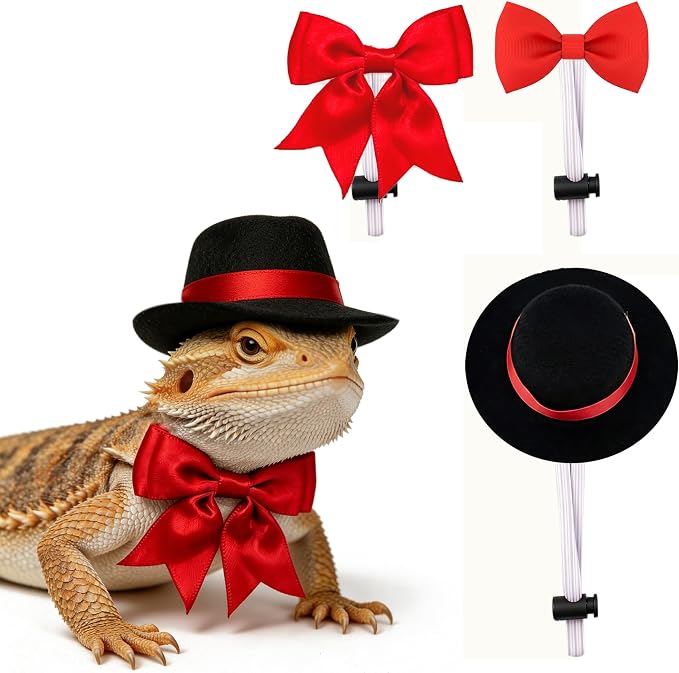 Bearded Dragon Pet Costume Clothes, Elegant 3-Piece Holiday Set | Felt hat and satin bowties with elastic nylon cords ensure secure, comfortable styling at weddings or birthday parties