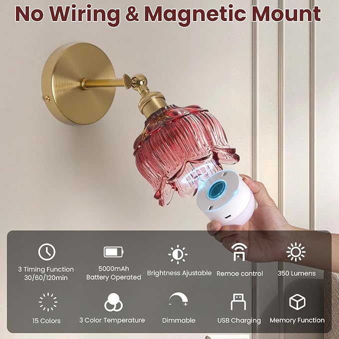 Vintage Battery Operated Wall Sconce: Set of 2 Red Flower Powered Sconces | 5000mAh Rose Glass Cordless Mounted Lighting, Rechargeable Dimmable Traditional Wireless Light Remote Control for Bedroom