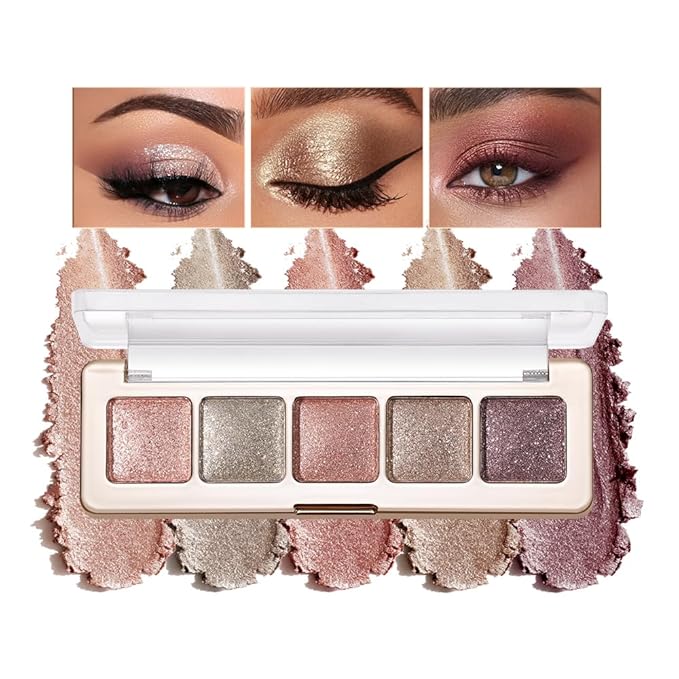 5 Color Eyeshadow Palette, Matte and Shimmer Powder Makeup, Highly Pigmented Blendable Shadows, Long-Lasting Waterproof, Natural Nude Brown Pink Shades C05