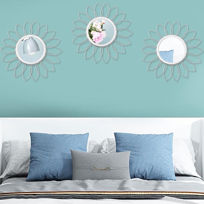3 Pack Metal Mirrors for Wall Sunburst Wall Mirrors Home Décor Decorative Hanging Wall Art for Living Room Bedroom Entryway (Silver, Flowers)