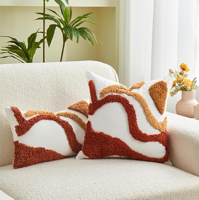lifein 12x20 Pillow Covers-Lumbar Pillow Covers Boho Couch Pillows Embroidered Decorative Accent Pillows Mid Century Textured Pillowcases for Couch Sofa Living Room Bed Home Decor (Burnt Orange)