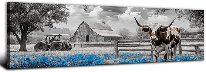 Highland Cow Wall Art Country Barn Truck Pictures for Living Room Western Wall Decor Meadow Scenery Canvas Painting Black and White Poster Prints Artwork Farmhouse Kitchen Decorations 14x48"