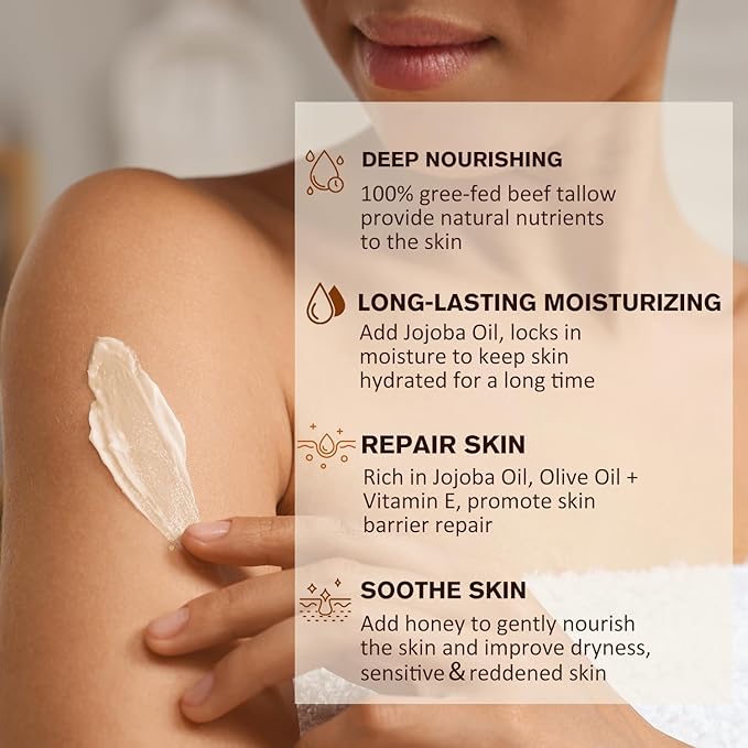 100% Grass-Fed Handmade Beef Tallow for Skin Care, Whipped Tallow and Honey Balm for Body ＆ Face Natural Body Cream for Dry & Sensitive Skin, 4OZ (Unscented)