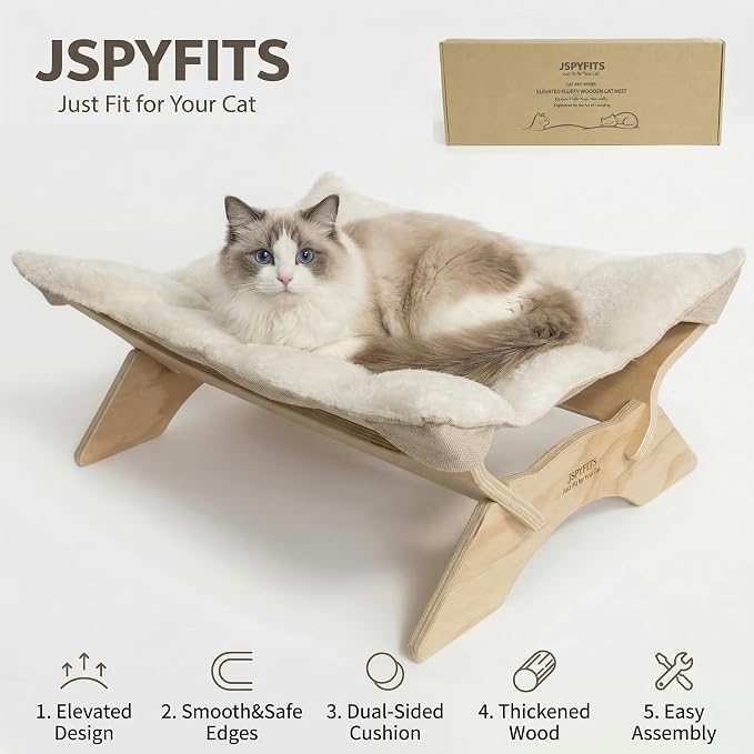 JSPYFITS Elevated Cat Bed Hammock, Raised Cat Bed with Dual-Sided Plush & Linen Cushion, Machine Washable & Breathable Cover Tool Free Easy Assembly, up to 66Lbs (White)