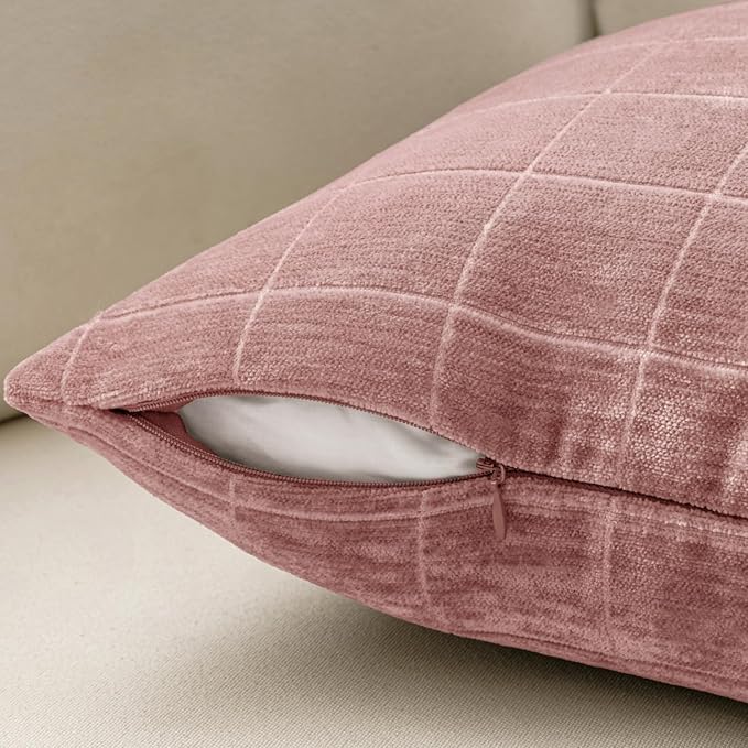 MIULEE Blush Pink Plaid Decorative Throw Pillow Covers 20x20 Set of 2 | Vintage, Check Chenille Couch Pillows, Neutral Boho Farmhouse Cushion Covers, Modern Home Decor for Sofa Bed Living Room