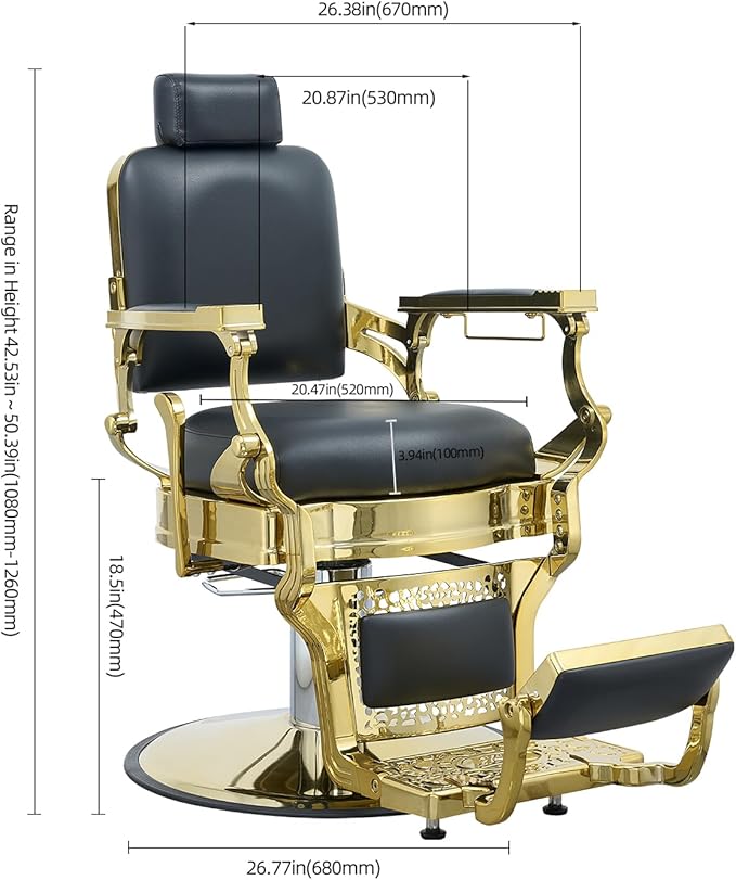 FRNIMAC Heavy Duty Barber Chair, All Purpose Vintage Style Mens Barber Chair Hydraulic Recline Salon Chair Barbershop Equipment for Beauty Spa Tatoo Massage, Golden and Black