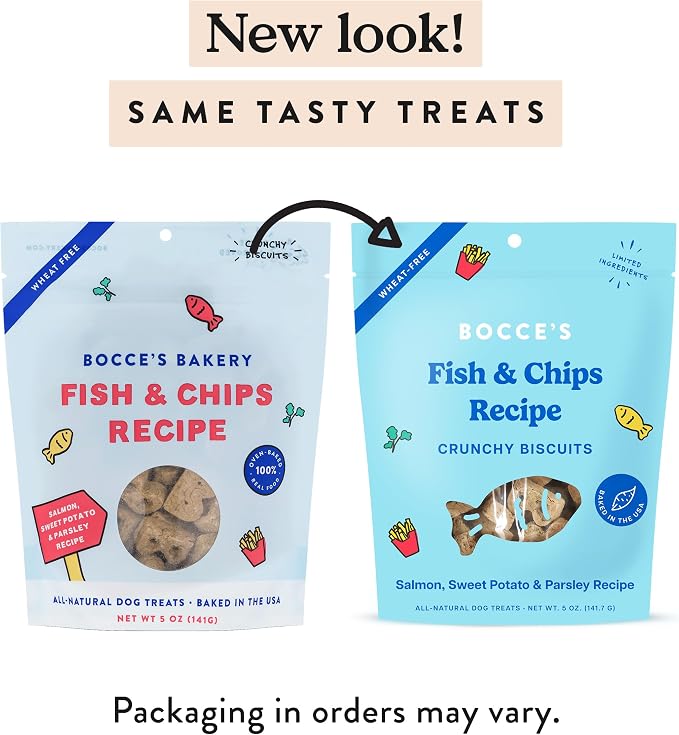 Bocce's Bakery Fish & Chips Flavor Crunchy Biscuits Dog Treats, 5 oz | Oven Baked, Wheat-Free Everyday Dog Treat Biscuits - Made with Real, Limited Ingredients and Baked in The USA