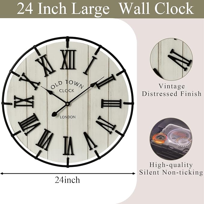 EMAX HOMELarge 24 Inch Farmhouse Style Wall Clock, Distressed Wood Look, Non-Ticking Quartz Movement, Classic Black Roman Numerals and Metal Frame, for Living Room Wall, Bedroom