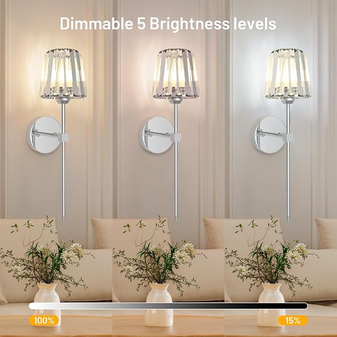 Crystal Battery Operated Wall Sconces Set of 2, Chrome Rechargeable Wireless Wall Lights with Crystal Lampshade, 12 RGB and 3CCT Dimmable Wall Lamps with Remote for Bedroom Living Room Hallway