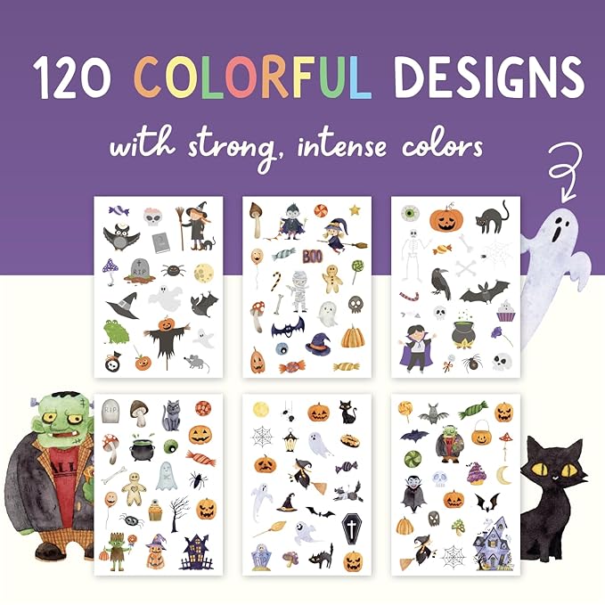 Halloween temporary tattoos for kids - 120 PCS Non-Toxic & Skin-Friendly Fake Tattoos for Boys and Girls | Dermatologically Tested “Very Good” I Halloween favors for kids bulk