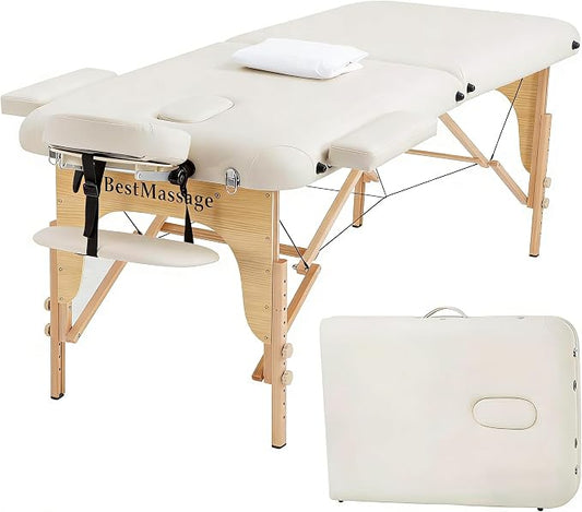 BestMassage Massage Bed Portable Massage Table 28 inch Wide Lash Bed Height Adjustable PU Leather 2 Folding with Towel Hanger Oil Pouch Half Bolster Round Bolster Non-Woven Bag