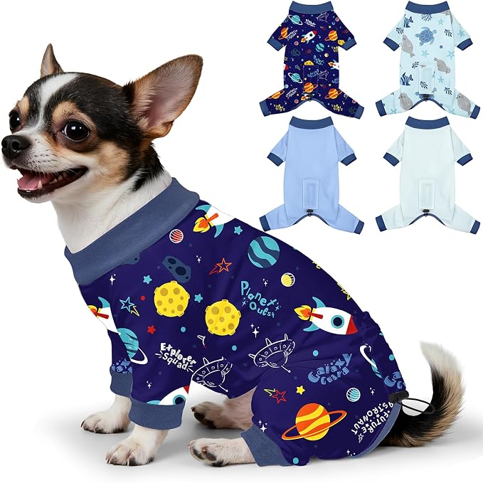 Bienbee Dog Pajamas, 4 Pack Adjustable Onesies for Small to Large Dogs XS | Dog Shedding Suit with Soft Fabric, Breathable & Stretchy, and Adjustable Back Length for Sleeping Lounging and Daily Use