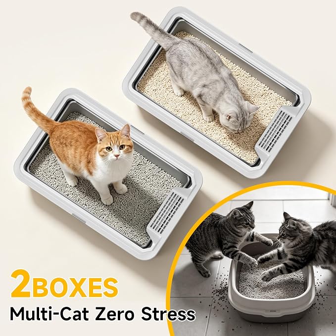 2 Pack XL Stainless Steel Cat Litter Box for Multi-Cat, Light Gray | High Sides, Extra Large Tall Wall Open Top Deep Metal Pan, Anti-Leak Non-Stick Odor Control, 2 Scoops Included