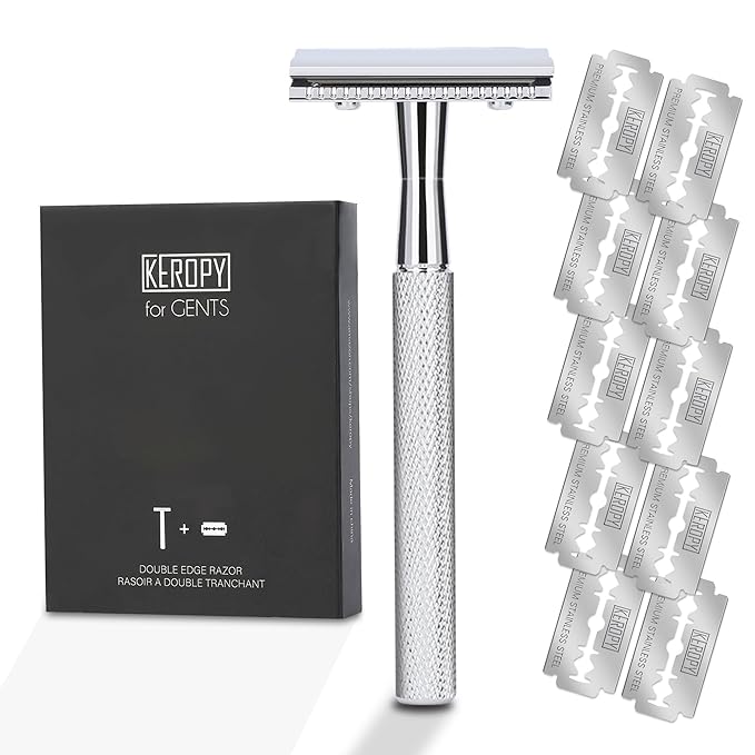 KEROPY Single Blade Safety Razor With 10 Premium Stainless Steel Blades Double Edge Safety Razors For Men, Smooth Wet Shave Experience, Glossy Silver
