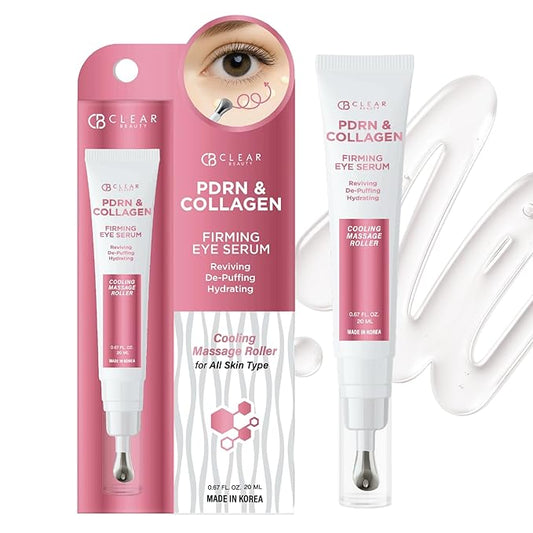 Clear Beauty Eye Serum with Salmon DNA PDRN & Collagen - Dermatologist Tested, Anti Aging, Korean Skin Care - Cooling Roller For Firming, Hydration - Vegan, Clean Beauty, Cruelty Free