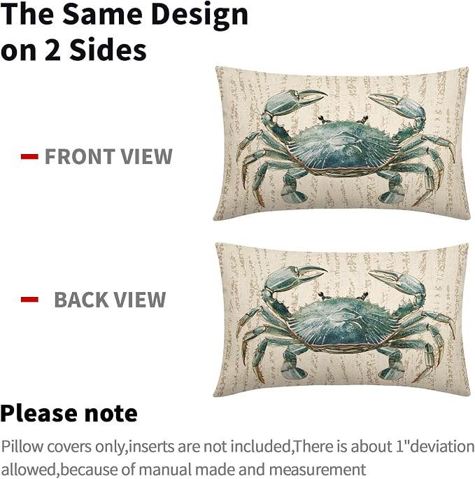 Summer Sea Crab Nautical Pillow Covers 12x20 Inch Set of 2 Coastal Ocean Coral Beach Blue Throw Pillow Cases Outdoor Linen Square Cushion Cover Farmhouse Decor for Bedroom Home Sofa Couch Bed