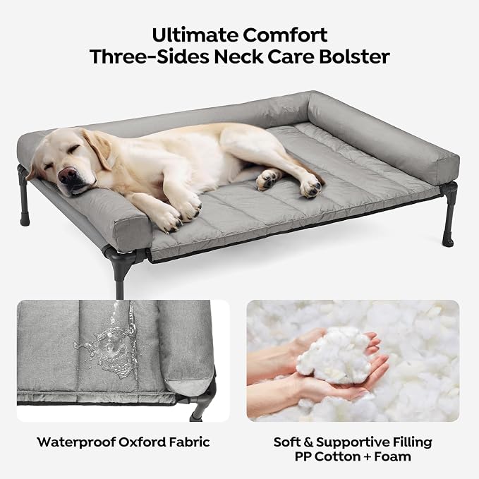 Veehoo Outdoor Elevated Dog Bed with Waterproof Bolster Cushion, Cooling | Raised Dog Bed with Removable & Washable Mat Topper, Breathable Mesh, Dog Couch Cot for Indoor Outdoor, 49", Large, Grey