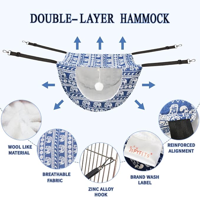 JSPYFITS Cat Cage Hammock with Ball,Double Layer Hanging Adjustable Soft Pet Bed Suit for Kitten Ferret Puppy Rabbit or Small Pet, 2 Level Indoor Bed for All Season(Blue Elephant)
