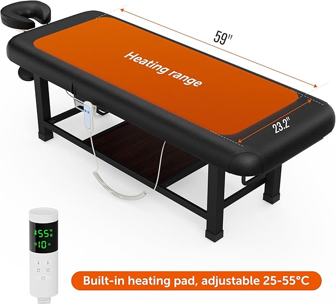 Dolonm Heating Function 30 Wide x 75 Long Heavy Duty Electric Stationary Massage Table with Backrest Adjustable and Storage Space for Treatment/Medical Spa/Facial/Beauty/Massage Bed and More - Black