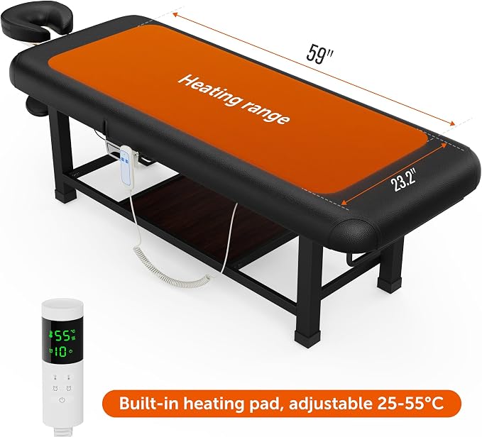Olela Electric Heated Massage Table - Stationary Massage Table with Heating Function and Storage, Treatment Table with Electric Lift & Manual Adjustable Backrest, Metal Frame for Massage, Spa So On