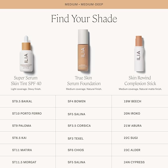 ILIA - True Skin Serum Foundation | Non-comedogenic, Cruelty-Free, Vegan, Weightless Feel, Buildable Coverage, Safe For Sensitive Skin (Salina, Light-Medium with Neutral Undertones SF5)