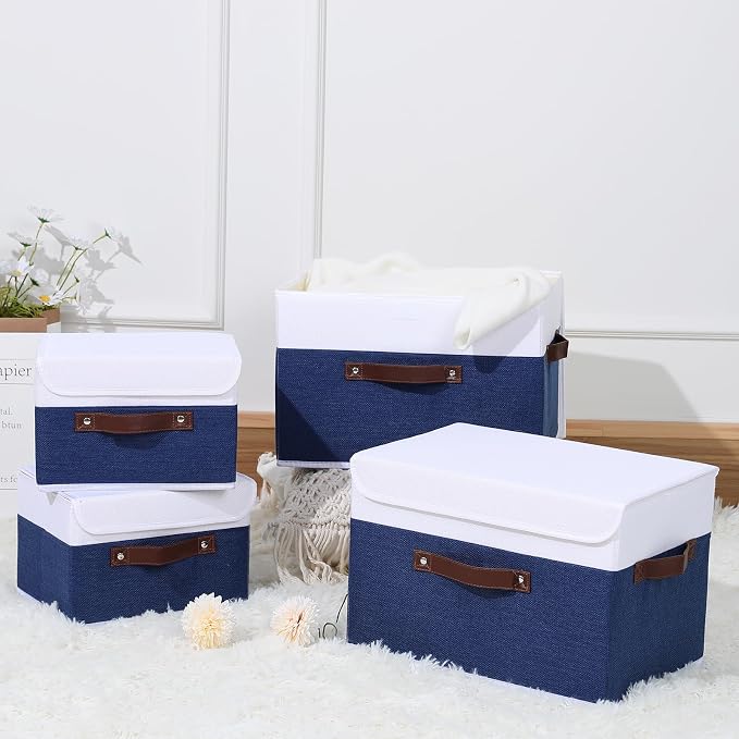 ANMINY Fabric Storage Box Bins with Lids, Blue White, 10"x8"x7", 2 Pack | Keepsake Memory Storage, Cotton Linen, PP Board Reinforced, Washable, PU Handles, Foldable & Stackable, Decorative, Small