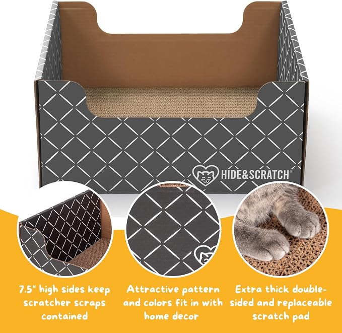 Hide & Scratch Cardboard Cat Scratcher Box & Bed with 3 Refill Pads Grey