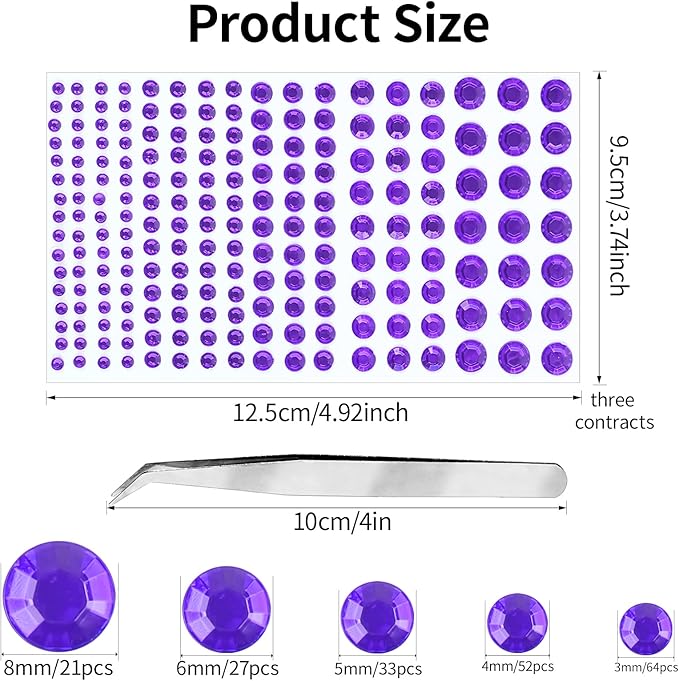 591pcs Face Gems Hair Gems Pearls, Self-Adhesive Face Jewels Eye Rhinestones 3/4/5/6/8 mm Face Gem Stick on, Halloween Makeup Gems Rave Accessories for Face Eyes Body Makeup (16.Dark Purple)