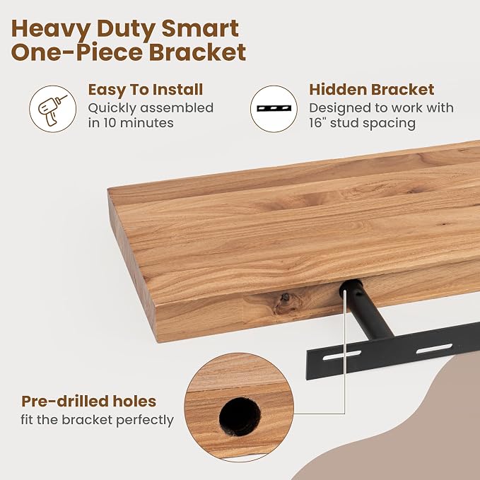 Floating Shelves for Wall Decor, 8" Deep Rustic Solid Elm Wood Floating Shelves Wall Mounted, Wall Shelves with Invisible Bracket for Living Room Bathroom Bedroom Kitchen, 16 Inch Set of 2, Natural