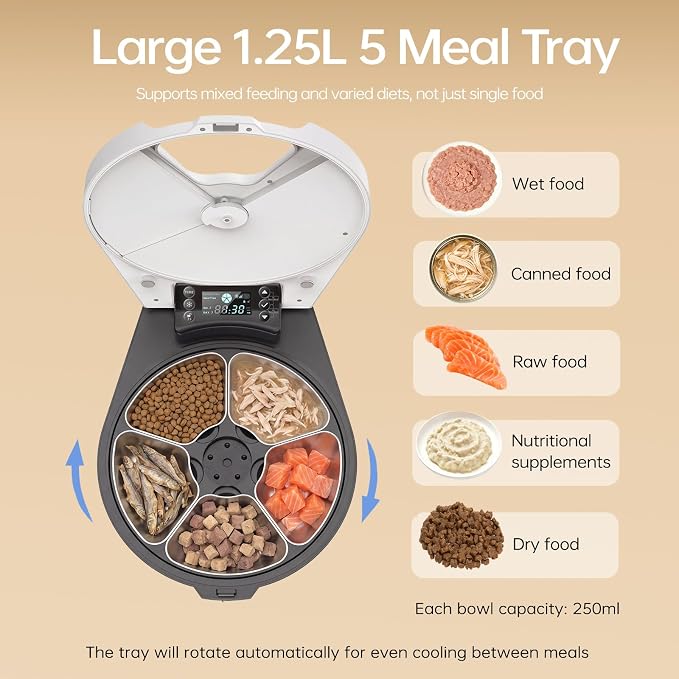 Automatic Wet Food Cat Feeder, 3 Days Freshness 5 Meals Cat Food Dispenser, Semiconductor Cooling & Heating with 304 Stainless Steel Bowl, Programmable Timer Refrigerated Auto Cat Feeder
