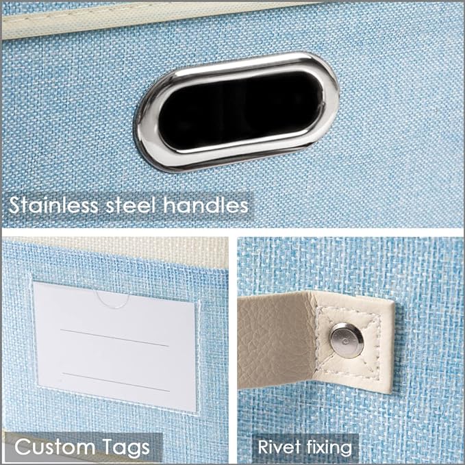 Collapsible Storage Bin with Lid [3-Pack] Fabric Foldable Storage Box Organizer Container Basket Cube with Cover for Home Bedroom Closet Office Nursery Blue&Cream(14.9x9.8x9.8)