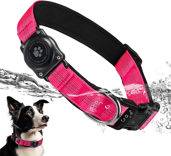 Upgrade Dog Collar with AirTag Holder, IP68 Waterproof, Hot Pink, XL | Built-in Water Resistant AirTag holder, 1000D Nylon, Reflective Stitching for Night Visibility, Soft padding for Comfort