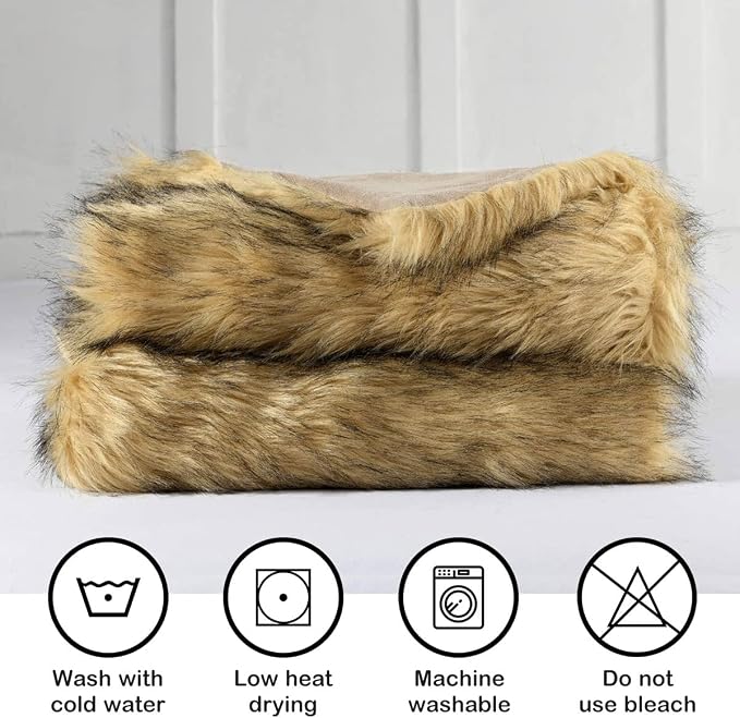 Luxury Plush Faux Fur Throw Blanket, Long Pile Golden Yellow with Black Tipped Blanket, Super Warm, Fuzzy, Elegant, Fluffy Decoration Blanket Scarf for Sofa, Armchair, Couch and Bed, 50''x 60''