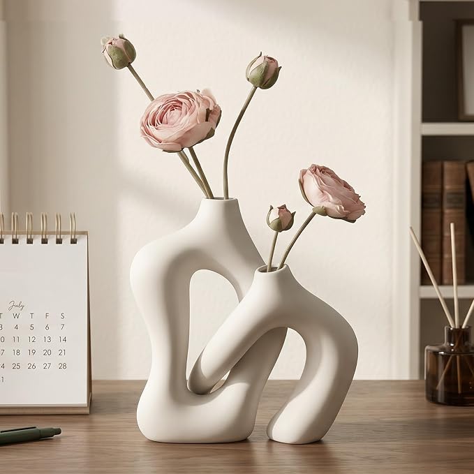 Dowan White Vases for Decor,Hollow Ceramic Vase Set of 2,8.3" Nordic Modern Boho ins Style Decorative Ceramic Aesthetic Flower Vase for Home Decor Modern Minimalist Table, Entryway Centerpieces