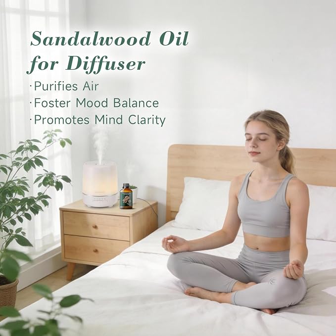 Sandalwood Essential Oil, Woody Scent, Meditation, Diffuser, 3.38 Fl Oz | Mumianhua Sandalwood Oil, Steam-Distilled Earthy Aroma. For Pillow Mist, Skin, DIY, Candle & Evening Diffusion