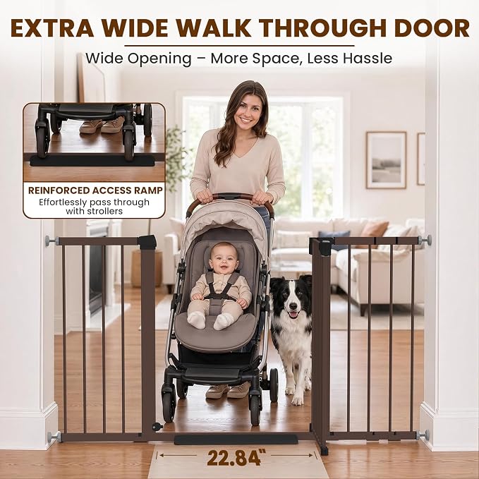 Mumeasy 29.7-54.2" Baby Gate for Stairs, Pressure Mounted Dog Gate for Doorways, Extra Wide Walk Thru Safety Pet Gate for Doors with Auto Close, Easy Install Child Gate for Hallway Indoor House, Brown