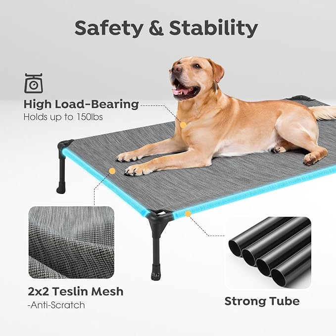 Veehoo 2 Pack Outdoor Elevated Dog Bed for Large Dogs, Cooling Raised Cots | Off-ground training platform, portable camping hammock, breathable mesh, easy to clean, 42"x30", Black Silver